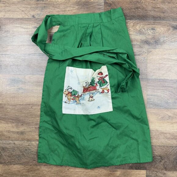 Other - Vitg Half‎ Apron Christmas Green Kids Dogs Sled Pocket Handmade Retro Kitchen